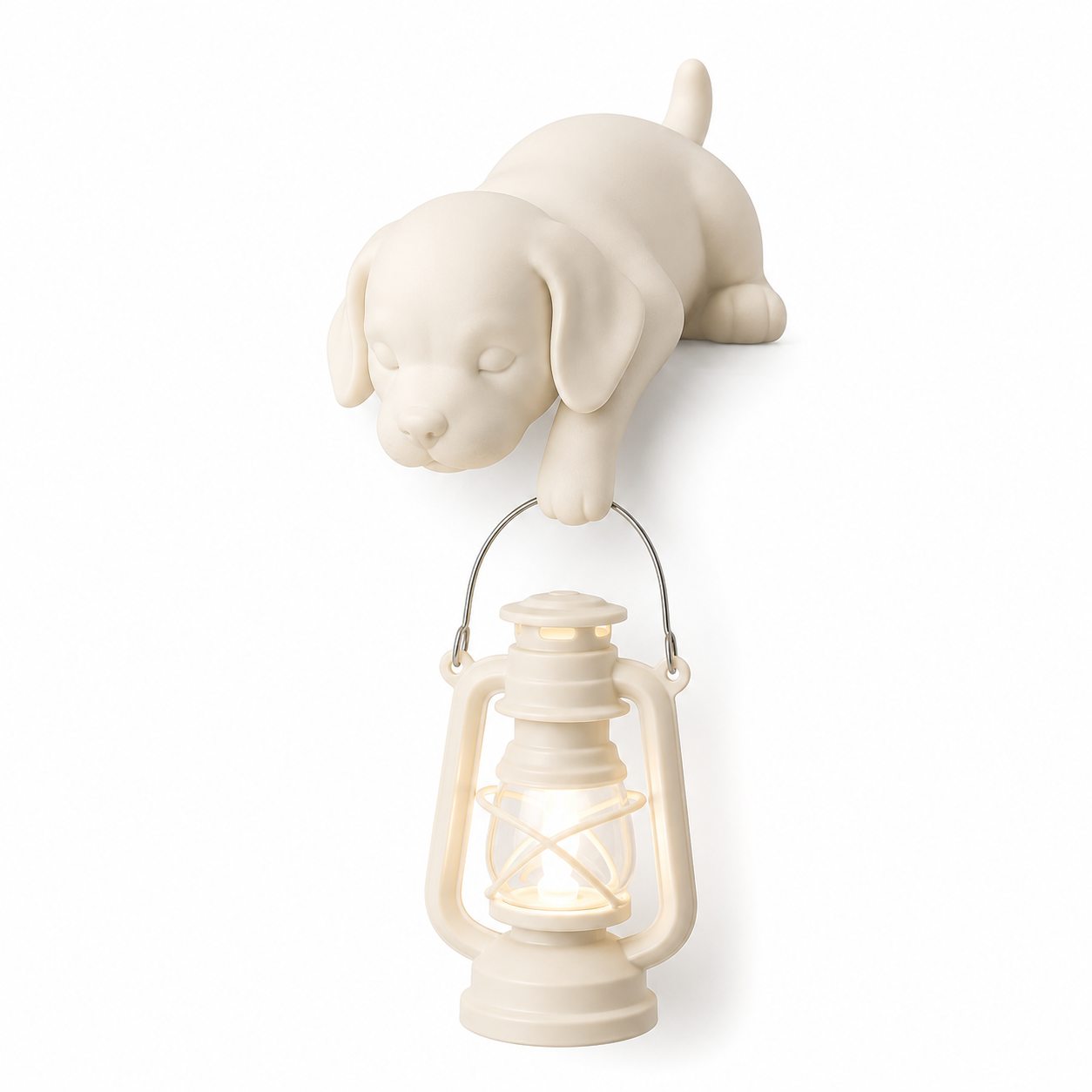Lámpara de perrito blanca con farol iluminado