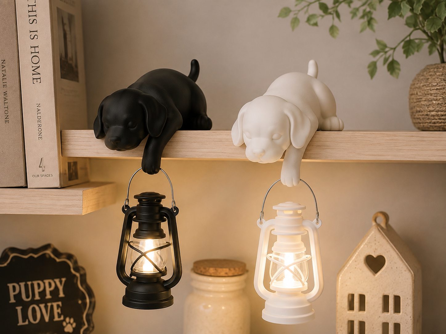 Lámparas de perrito colgadas de una estantería con luces