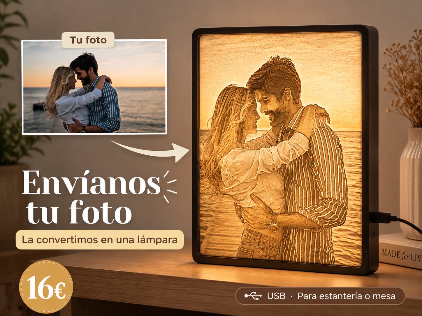 Lámpara personalizada con foto convertida en relieve iluminado