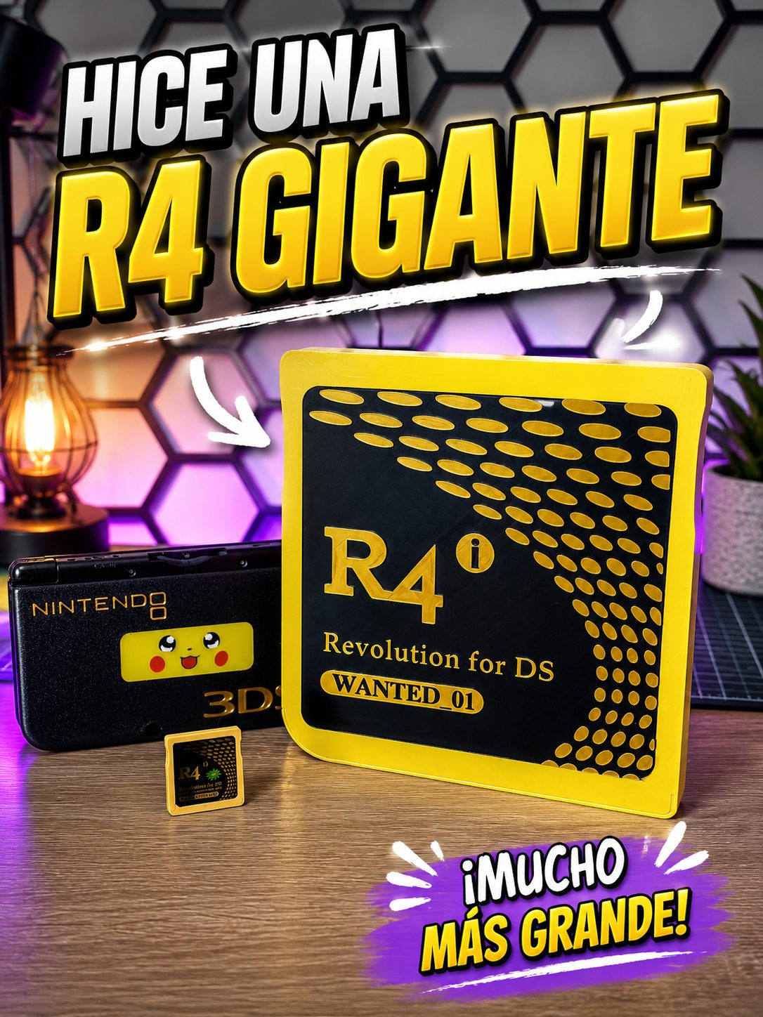 Soporte R4 gigante junto a una Nintendo 3DS XL